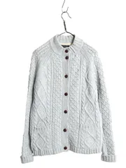 【お得なクーポン配布中!】 ランズエンド フィッシャーマン ニット カーディガン レディース M ラム ウール アラン セーター モックネック 羽織り 前開き ポケット付き