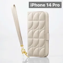 iPhone 14 Pro 用 ソフトレザー 手帳型 ケース  クラシカルで上品なデザインのハンドストラップ付き グレージュ 色1個