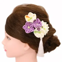 髪飾り 成人式 振袖 浴衣 卒業式 袴 結婚式 3点セット 紫 白 市松 花 和 洋 かんざし 手作り 簪 つまみ細工 ちりめんフォーマル 花飾り 玉飾り ブライダル W 36 303-241 紫 白 p748　Si