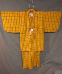 女の子　5~6歳　子供着物　アンサンブル　黄色地格子柄　アンティーク着物