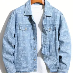 新品 デニムジャケット Lサイズ Gジャン ジージャン メッセージ デニム レタープリント 上着 ジャケット 総柄 アウター メンズ 韓国 韓流 オルチャン ファッション 長袖 春物 春服 ノーブランド ストリート 古着 ユーズド アメカジ USA アート