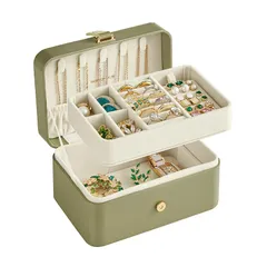 SONGMICS ジュエリーボックス 持ち運び アクセサリーケース 小型2層旅行 携帯用 収納宝石箱 ポータブル ジュエリースーツケース 11 x 16 x 8 cm ネックレス リング 指輪置き 腕時計 化粧品 プレゼント ピスタチオグリーンJBC166