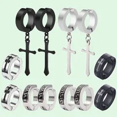 【在庫処分】ノンホール リングピアス フープ クロス イヤリング めんず イヤーカフ ピアス 【6種ペア12個セット】 ピアス フェイクピアス 十字架 メンズ フェイク ユニセックス GOKEI