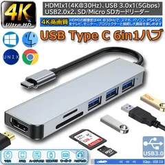 USB C ハブ 6ポート USB Type C hub PS4対応 4K HDMI出力 USB3.0 高速データ転送 USB2.0 USB3.0 ハブ SD/Micro SD カードリーダー マイクロ タイプC HDMI 変換アダプタ コンパクト 