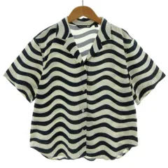 ユニクロ UNIQLO×マリメッコ Marimekko リネンブレンドオープンカラーシャツ 半袖 リネン混 ネイビー 紺 アイボリー M