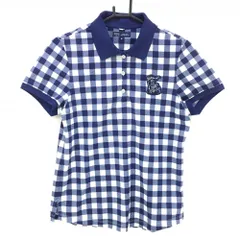 【超美品】23区ゴルフ 半袖ポロシャツ ネイビー×白　ギンガムチェック 胸ワッペン レディース III(XL) ゴルフウェア 23区