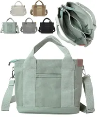 [グリーンパキラ] はんぷ手提げバッグ トートバック 帆布製 キャンバスバッグ 2WAY ペットボトルが入る ショルダーバッグ 女性用 人気 50代 レディース 斜めがけ てさげかばん ハンドバック 軽量 仕切り付き チャック付き 多機能 仕事用 [グリーン]