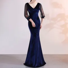 シースルーのお袖がオシャレなVネックのベロア ロングドレス