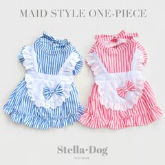 【閉店セール全品半額】メイド風ストライプワンピース　フリルワンピ　ブルー　ピンク　犬服　ドッグウェア