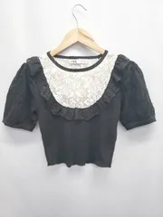 ◇ ⊂ ZARA ザラ レース フリル 半袖 ニット カットソー サイズEUR S USA S MEX 26 ブラック ホワイト レディース E  【1506180012516】