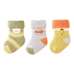 イエロー_14.0-16.0 cm HOOMCOOM ベビー 靴下 厚手 冬用 赤ちゃん ソックス 綿 柔らかく履き心地 可愛い 14.0-16.0cm 3足セット イエロー