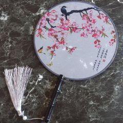 華流 中国風 布うちわ タッセル付き 梅 青い鳥