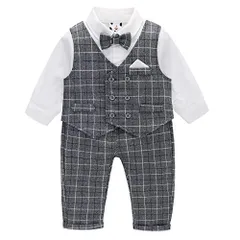 グレー_12 Months [Famuka] 子供服 男の子 フォーマル スーツ 長袖 シャツ 白シャツ ズボン 上下セット チェック ベビー服 キッズ 洋装 七五三 結婚式 入園式 卒園式 入学式 発表会 お宮参り セレモニー 誕生日 (グレー, 12M)