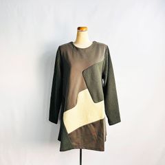 Long-sleeved tunic top, one size fits all, VIANTE brand, women's, patchwork style, khaki, simple knit, autumn clothing.