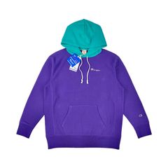 新品 Champion Reverse Weave チャンピオン リバースウィーブ フード 切り替え 左胸 袖 ワンポイントブランド ロゴ オーバーサイズ ビッグ パーカー Mサイズ フーディ パープル ターコイズブルー 無地 定番 ベーシック インポート企画