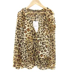 ザラ ZARA カーディガン ミドル丈 Vネック レオパード柄 ヒョウ柄 M ベージュ /YM11