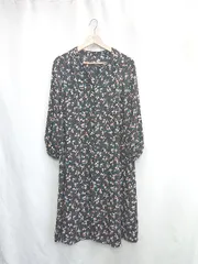 ◇ ⊂ NATURAL BEAUTY BASIC ウエスト紐 花柄 長袖 ロング ワンピース サイズM ブラック レディース E  【1502200011354】