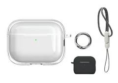 AirPods Pro 3 ケース シリコン カバー カラナビ付き 透明＆ブラック 耐衝撃 軽量 ソフト・ハード素材 Apple アップル エアポッズ プロ スリー AirPods Pro 第3世代 用 イヤホン収納ケース 保護カバー ワイヤレス充電対応