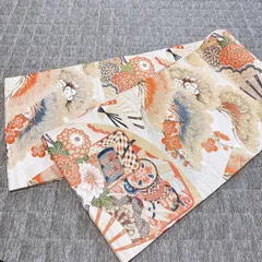 【き686】袋帯 華やか金銀糸 花籠文様 鶴 梅 菊 扇子 六通柄 礼装 フォーマル リメイク素材にも