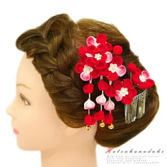 七五三 髪飾り 三歳 七歳 日本髪 つまみ細工 赤 花 2点セット ピンク 白 ちりめん 下がり 鈴付き ビラ 玉飾り パール ピン ぱっ No.12-0131