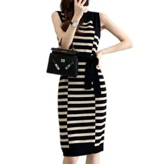 M UQQA ノースリーブ ボーダー柄 ワンピース レディース ウエストリボン ノースリーブニットワンピース ワンピースレディース夏 ルームウェア カワイイ 着痩せ キレイ カジュアル スレスフリー おしゃれ ワンピースレディース人気 ノースリーブワンピース