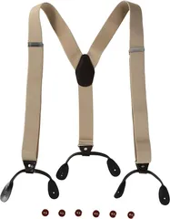 haoa カジュアル サスペンダー ズボンつり 長さ調節可能 吊りバンド ボタン型 Y型 ボタン6個 メンズ レディース 3.5cm幅( ベージュ,  ゴム部分 最短約67cm-最長約106cm)