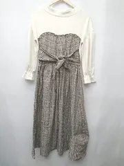 ◇ ⊇ AS KNOW AS PINKY 切り替え　チェック 長袖 膝下丈 ワンピース サイズF ホワイト　ブラウン レディース P  【1409250038471】