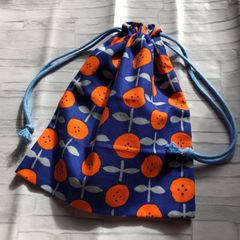 マチ付きハンドメイド巾着袋 かわいい花柄 ブルー オレンジ