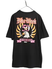 【お得なクーポン配布中!】 90s USA製 ★ デイトナ バイク ウィーク 50周年 イラスト プリント Tシャツ メンズ XL / 古着 オールド ハーレー ダビッドソン イーグル 黒