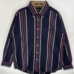 古着 トミーヒルフィガー TOMMY HILFIGER 長袖シャツ ボタンダウンシャツ ワンポイント 刺繍 ロゴ 胸ポケ M  ネイビー系 ストライプ メンズ