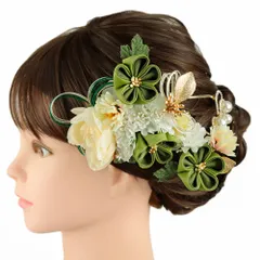 髪飾り 成人式 水引 つまみ細工 振袖 前撮り 袴 3点セット 花 菊 緑 渋緑 白 ゴールド ちりめん パール ビーズ ラインストー No.9-5180
