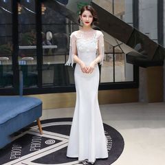 送料無料 小柄用ドレス 2025夏 新作 気品あふれるロングフィッシュテールドレス パーティー 宴会用エレガントドレス
