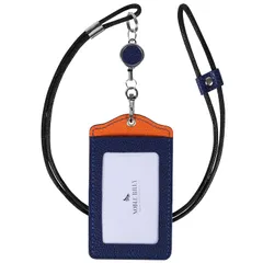idカードホルダー リール 縦 横 本革 軽量 社員証 icカードケース (ネイビーオレンジ, たて型) [ネイビーオレンジ] [たて型]