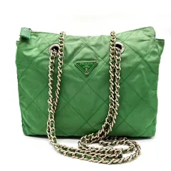 【良品】 PRADA プラダ ショルダーバッグ トートバッグ キルティング 三角ロゴプレート ゴールドチェーン A4収納 大容量 ゴールド金具 テスートナイロン レザー 肩掛け レディース グリーン 緑色