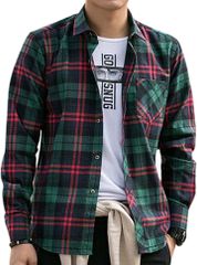 チェックシャツ メンズ カジュアル ネルシャツ ビジネス Yシャツ 長袖 チェック柄( グリーン/レッド,  M)