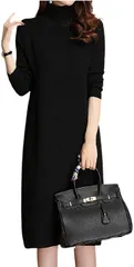 エムエルーセ ハイネック ニット ワンピース ひざ丈 体型カバー 長袖 レディース( ブラック,  L)