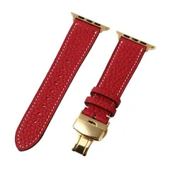 アップルウォッチ バンド 牛革カーフレザー 高級ベルト レッド 赤 レザー【刻印あり】全シリーズ対応【40/41/42mm / 44/45/46mm】バタフライバックル