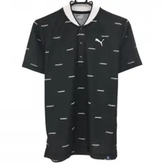 【超美品】プーマ 半袖ポロシャツ 黒×白 ロゴ総柄 スタンドカラー メンズ S ゴルフウェア PUMA