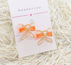 再販×2 うる艶 ネオンカラー オレンジ リボンピアス リボンイヤリング リボン
