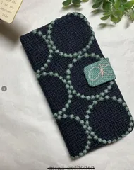 【オーダー】ミナペルホネン＊navy × light greenタンバリン＊iPhone、Galaxy、Xperia、AQUOS、Android等スマホケース手帳型、ベルトグリーンchoucho羽模様無し