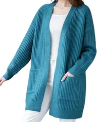 Elixio エリクシオ カーディガン ロングカーディガン ニット あったか 羽織り レディース トップス モコモコ 厚手 Vネック 秋冬 ミドル丈 リブ編み 体型カバー(ターコイズ,  2XL)