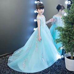 キッズ ドレス パーティー オフショルダー お姫様 ワンピース 女の子 ピアノ発表会 結婚式 イベント ロングドレス トレーン 演出 演劇 子供ドレス かわいい キッズドレス 水色 ライトブルー 100サイズ da457ze