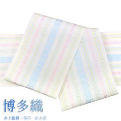 本場筑前 博多織 夏物 正絹 紗の四寸帯 博多証紙付き なでしこ柄 水色