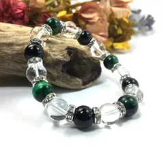 グリーンタイガーアイ×水晶×オニキス パワーストーン ブレスレット 10mm（シルバー）メンズ・レディース 男性・女性 数珠ブレス 開運   [c]