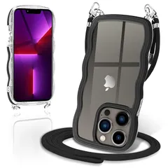 iPhone 13 Pro Max ケース ショルダー クリア TPU カバー いPhone13 Pro Max スマホケース 創意 個性 肩掛け 首掛け 斜めかけケース 可愛い かわいい 韓国 透明 薄型 耐衝撃 アイフォン13ProMax(ブラック)