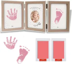 upFRAME 手形スタンプ フレーム セット 置き掛け兼用 手形足形 汚れない おしゃれ 木製 ウッド 三面 写真立て 赤ちゃん 手足 ベビーフレーム 出産祝い(茶色フレーム/ピンクスタンプ)