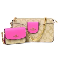 コーチ バッグ COACH コーティングキャンバス レザー シグネチャー ポピー クロスボディ 2way クラッチ ポーチ チェーン ショルダーバッグ カードケース 定期入れ 名刺入れ コインケース ２点セット ライトカーキ×ペチュニア C3328