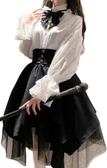 Lady Lazy レディレイジー クラロリ ブラウス リボン スカート 3点セット コスプレ 白 黒 ブラック アシメ ひざ丈(ブラック)