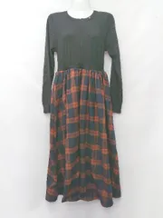 ◇ Θ CHOCOA マタニティ　フロントジップ　ドッキング　チェック 長袖 膝下 ワンピース サイズF ブラウン レディース P  【1409250017230】