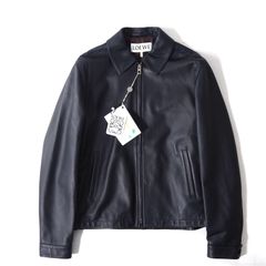 極美品 ロエベ LOEWE ラムスキン レザージャケット ジップアップ 50 ダークネイビー メンズ 正規品 5-DD018